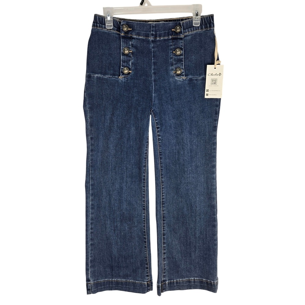 Charlie B Jeans Womens 8 Flare Leg Medium Blue Sailor Button NEW Nautical
